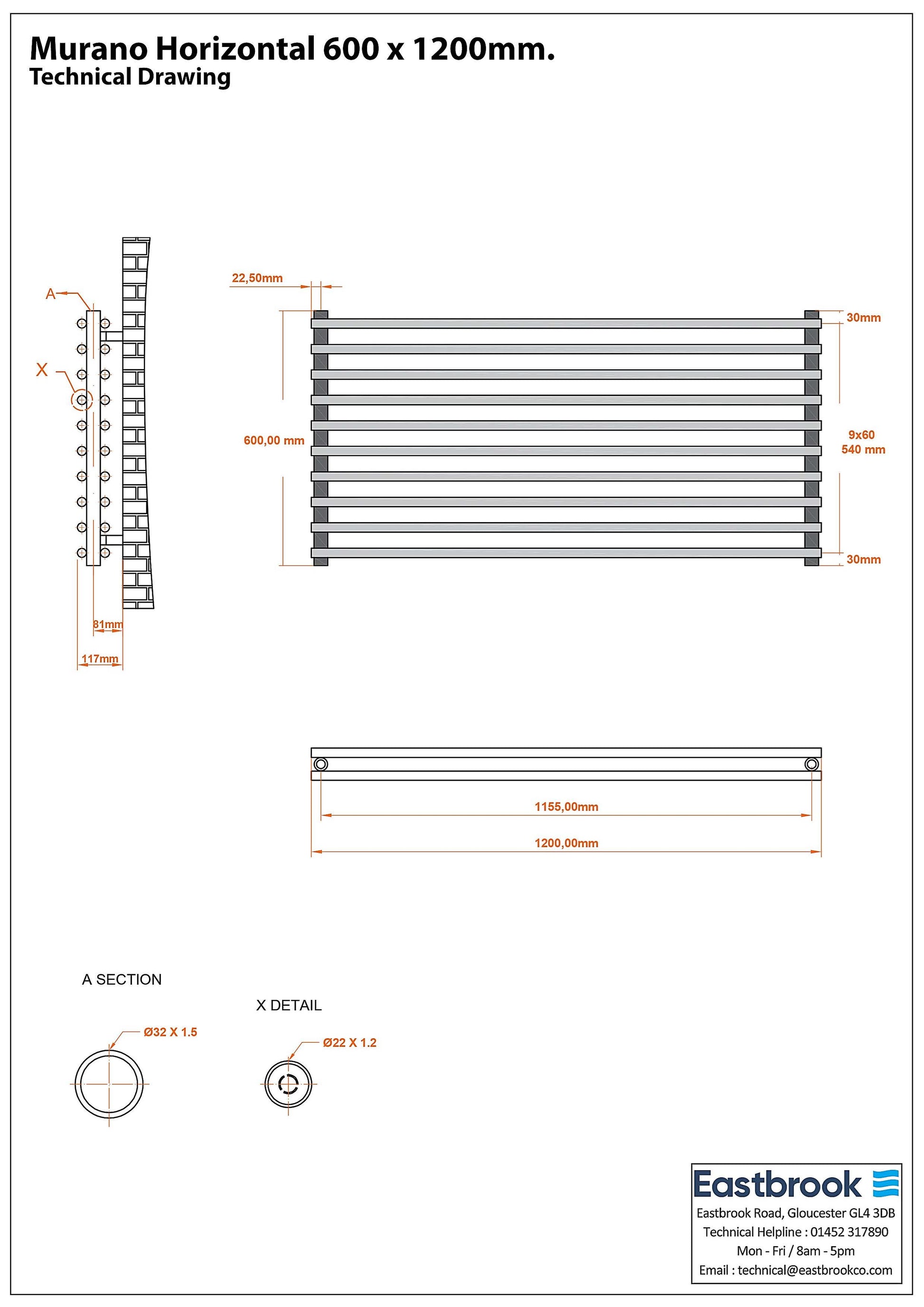 Eastbrook Murano Horizontal Electric Matt Grey Designer Radiator 600mm x 1200mm Technical