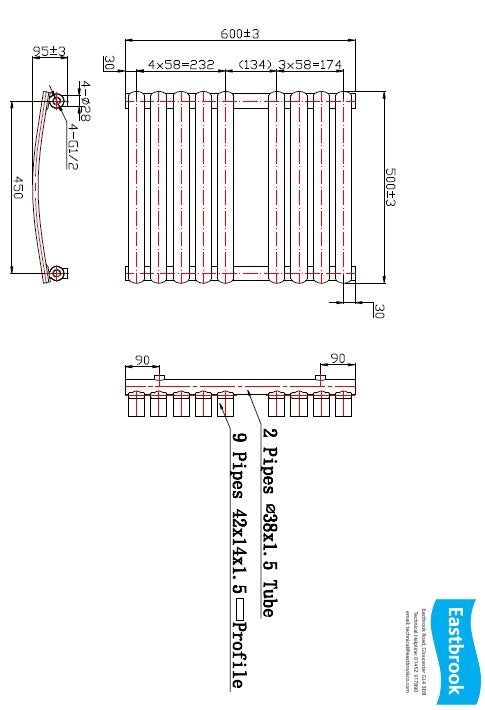 Eastbrook Staverton Electric Curved Chrome Tube on Tube Designer Towel Rail 600mm x 500mm Technical