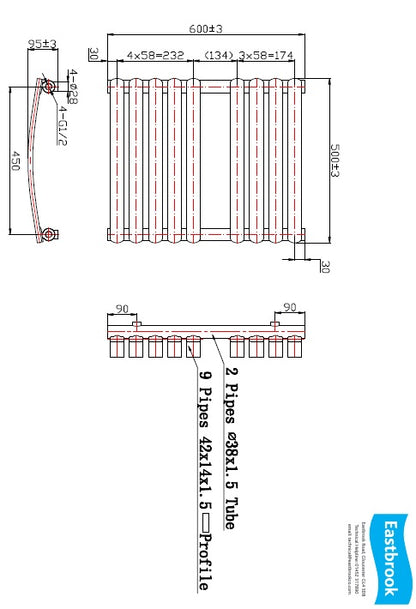 Eastbrook Staverton Electric Curved Chrome Tube on Tube Designer Towel Rail 600mm x 500mm Technical