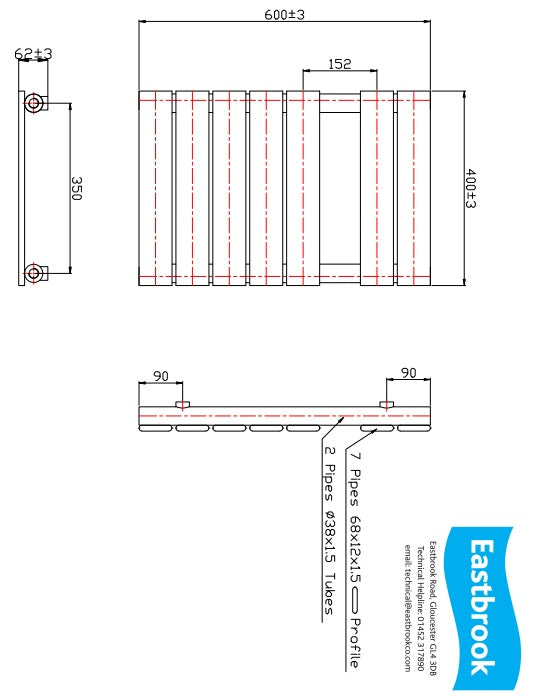 Eastbrook Staverton Electric Straight Chrome Tube on Tube Designer Towel Rail 600mm x 400mm Technical