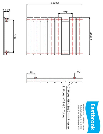 Eastbrook Staverton Electric Straight Chrome Tube on Tube Designer Towel Rail 600mm x 400mm Technical