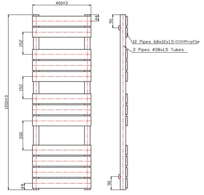 Eastbrook Staverton Electric Straight Gloss White Tube on Tube Designer Towel Rail 1200mm x 400mm Technical