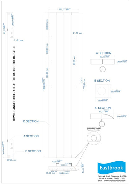 Eastbrook Withington Matt Anthracite Vertical Aluminium Radiator 1800mm High x 375mm Wide Technical Image