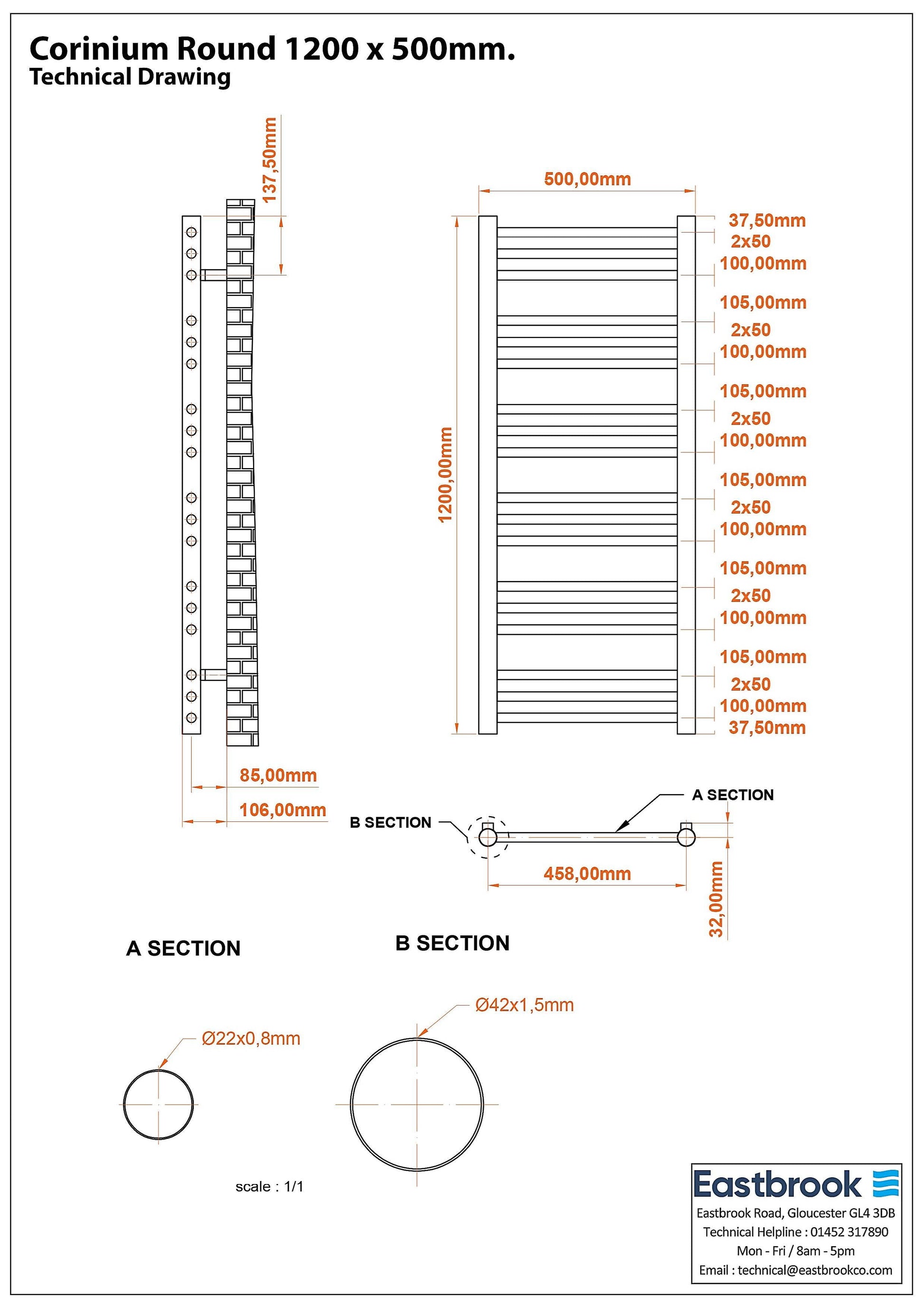 Eastbrook Corinium Electric Round Straight Matt Black Towel Rail 1200mm x 500mm Technical Image 89.1562-ELE