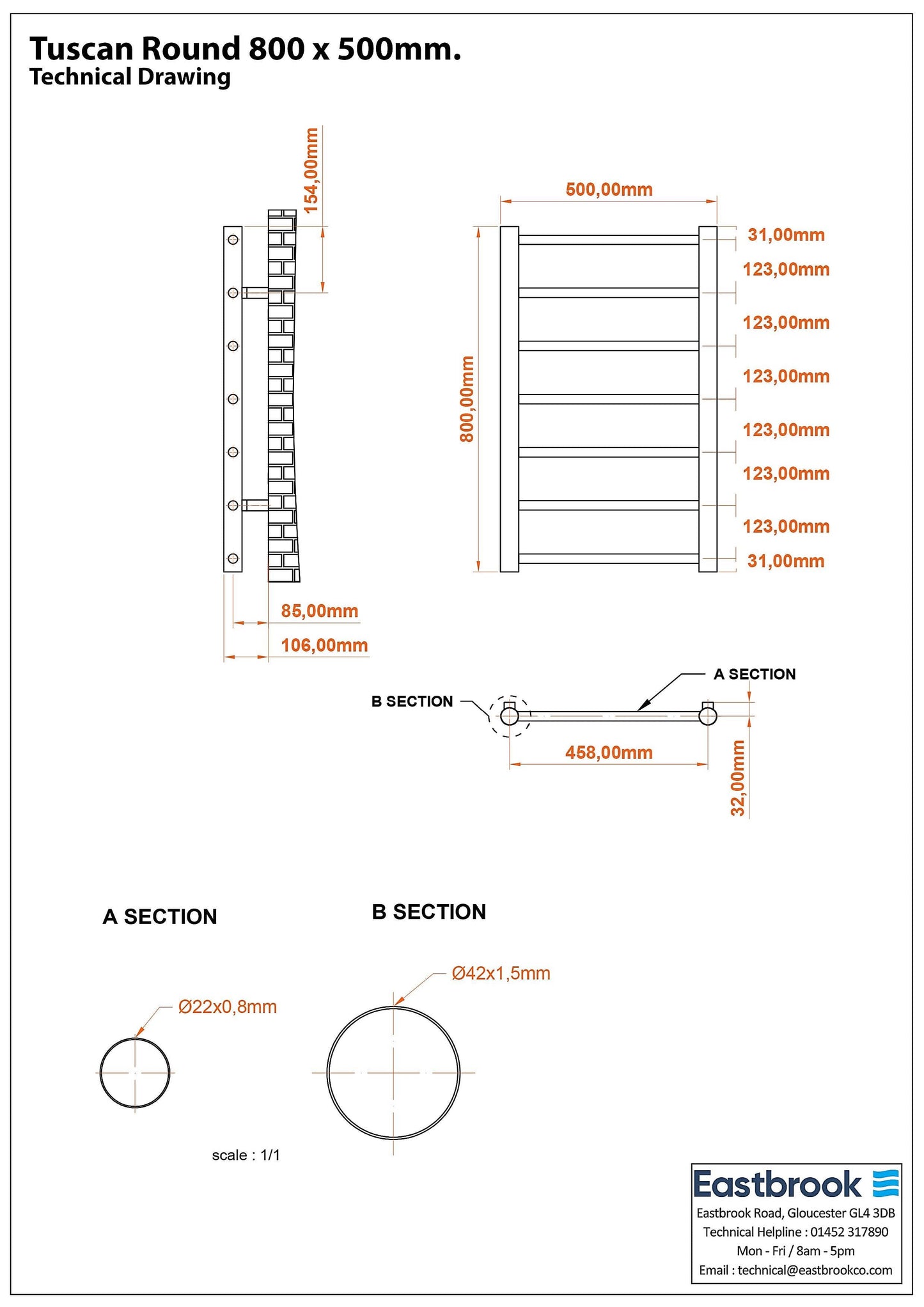 Eastbrook Tuscan Electric Round Straight Matt Grey Towel Rail 800mm x 500mm Technical Image 89.1578-ELE
