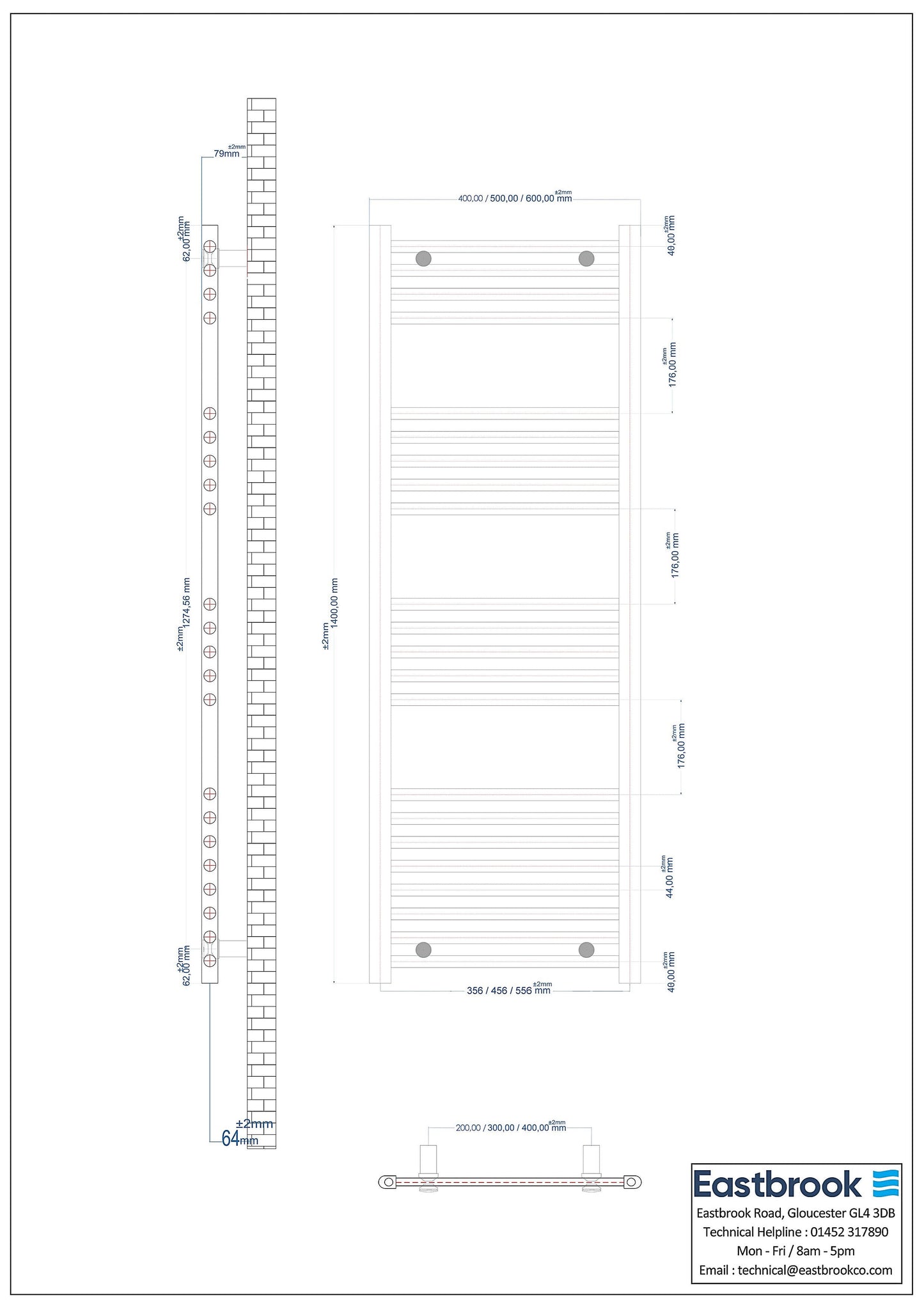 Eastbrook Wingrave Electric Straight Matt Anthracite Towel Rail 1400mm x 600mm Technical Image 89.0535-ELE