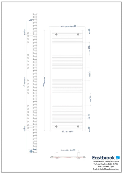 Eastbrook Wingrave Electric Straight Matt Anthracite Towel Rail 1400mm x 600mm Technical Image 89.0535-ELE